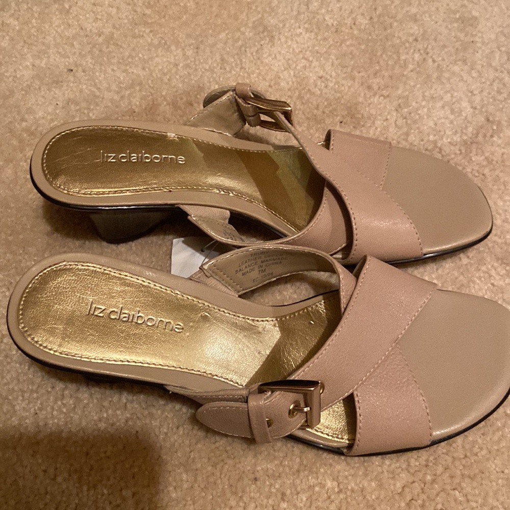 Tan leather slides with wedge heel - Picture 3 of 4